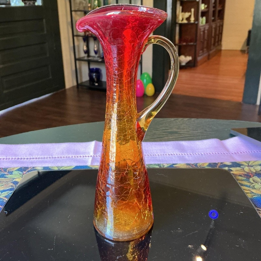 Vintage Kanawha Amberina Crackle Glass Slim 8" Pitcher